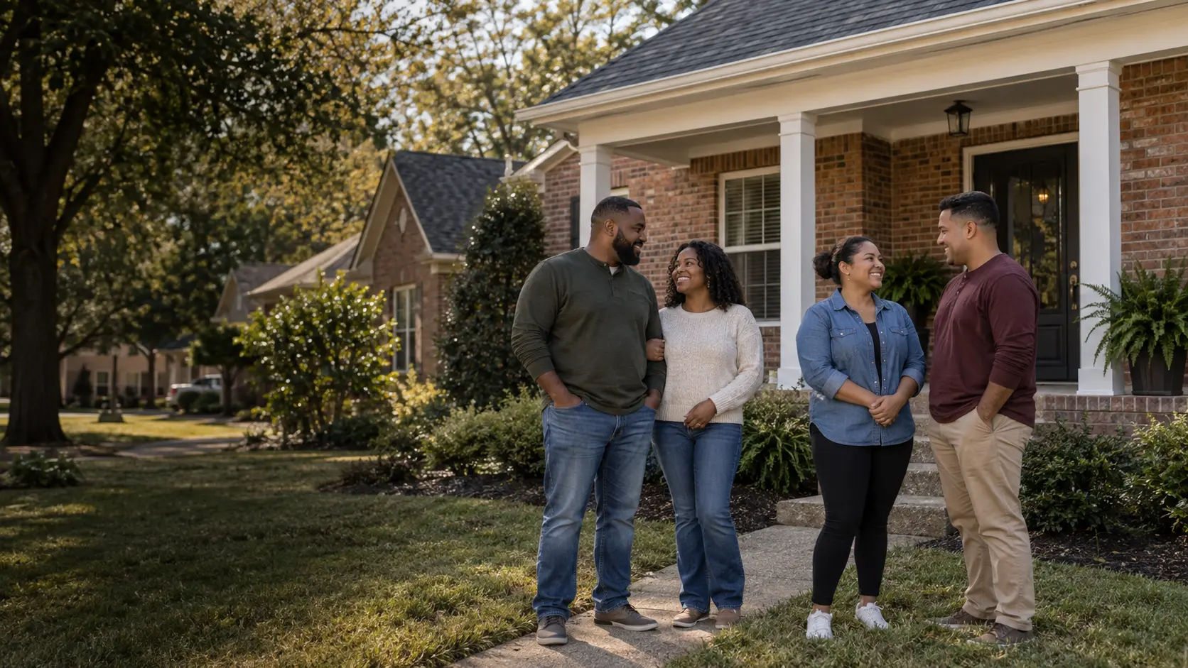 Concept image of military-connected and first-time homebuyer households outside a Memphis-area brick home