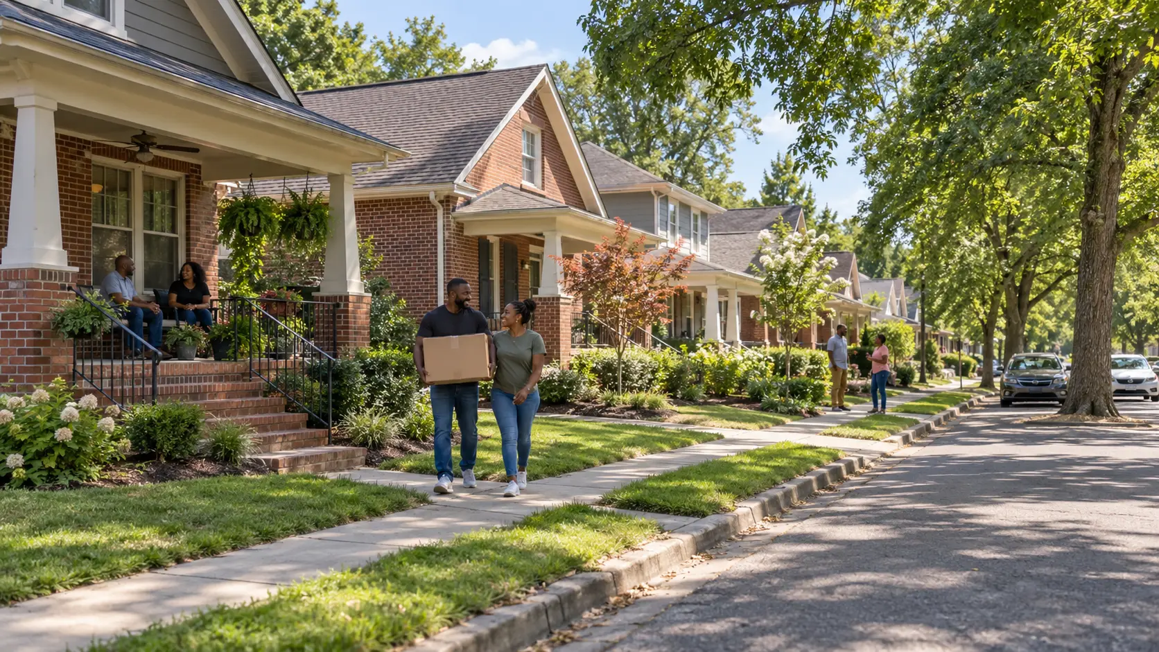 Concept image of attainable homes and adult residents on a tree-lined Memphis-area street