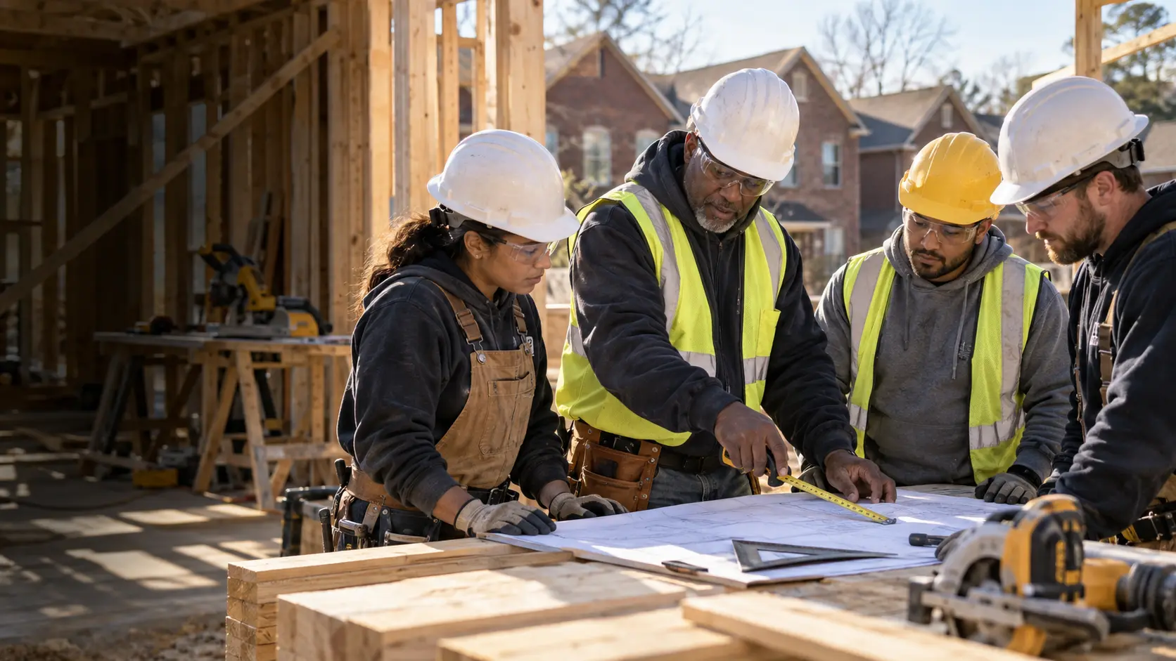 Concept image of adult construction apprentices learning from an experienced builder mentor at a residential jobsite